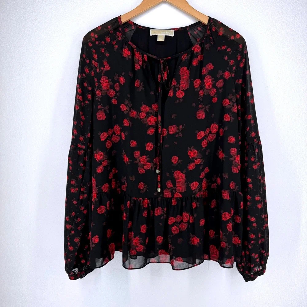 MICHAEL KORS Peplum Top Size Small Bishop Sleeve‎ Dark Floral Romantic Sheer